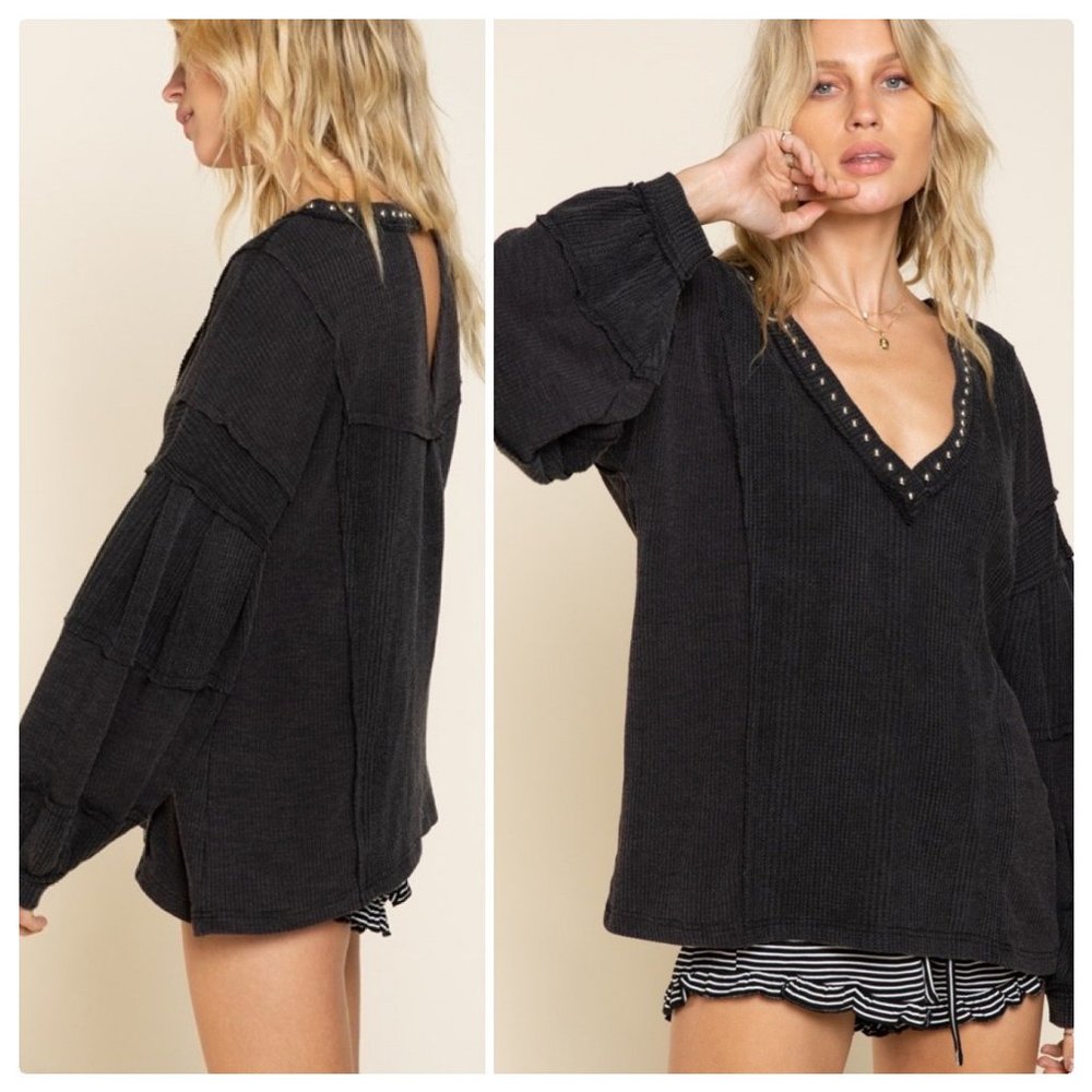 *NEW COLOR* POL Raw Edge Color Block Top - Picture 8 of 16